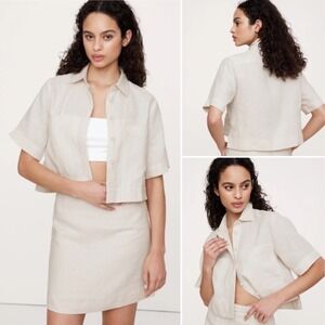 NWT Banana‎ Republic Boxy Linen Cropped Shirt LARGE TALL Cream White Button Up